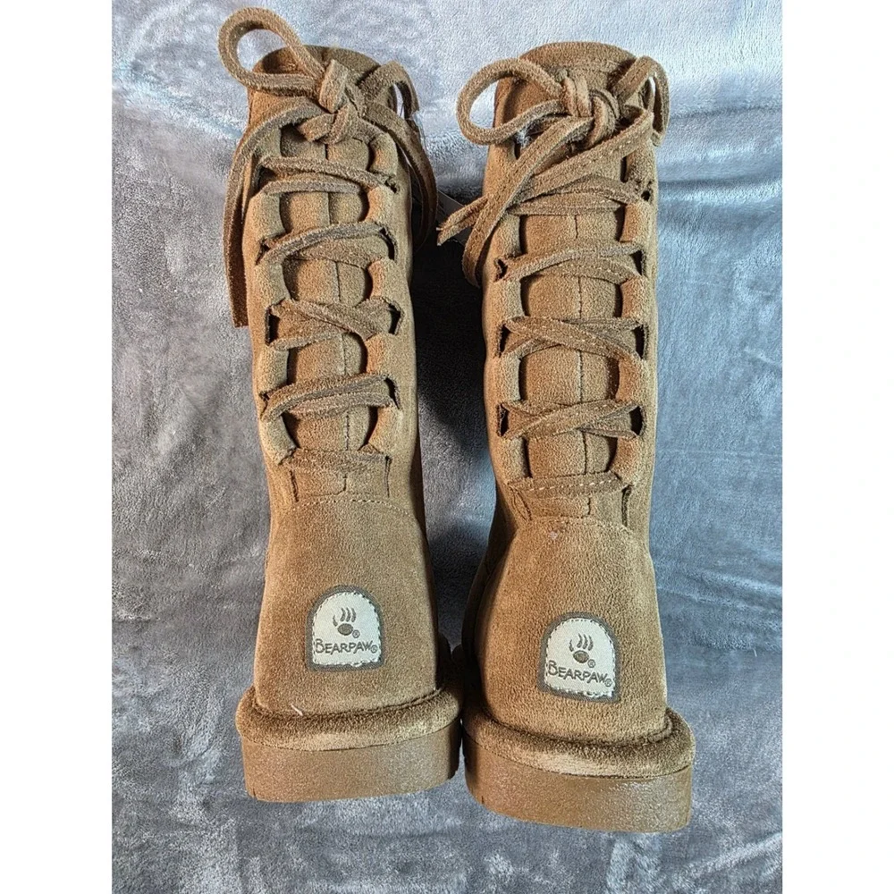 Bearpaw Phylly Youth Boots Size 3 Hickory Brown Suede Lace Back NWOB